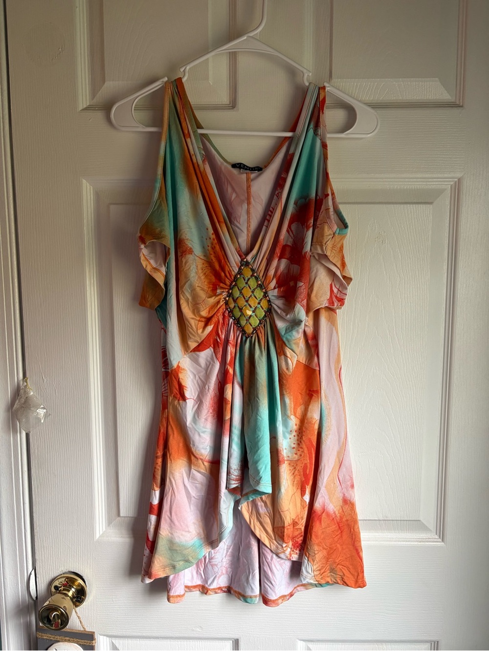 VENUS Orange Teal Pink Floral Cold-Shoulder Tunic with Jewel Accent